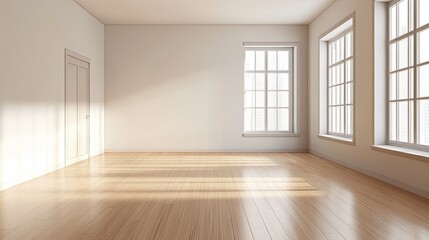 Empty Bright Room With Wooden Floor And Windows. Interior.