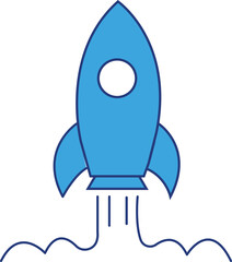 Blue rocket icon launching upwards representing innovation startup growth exploration technology success development or creative progress in futuristic design theme