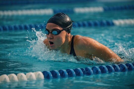 Focused swimmer in competitive race.