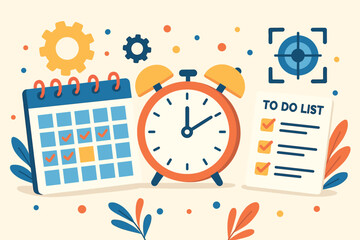 Vector illustration of time management with calendar, alarm clock, to-do list, and focus icons. Efficient and colorful flat vector concept