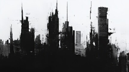 Abstract Black And White Cityscape. Urban Skyline In Grunge Style.