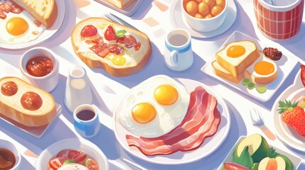 Delicious breakfast food flat lay on white table