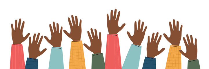 Hands raised up. Colorful silhouettes of diverse people including Black individuals. Cartoon style illustration of voting, unity, support, and equality. Isolated on white background.