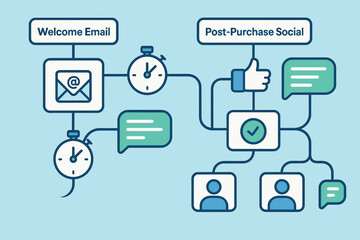 Vector illustration of welcome email and post-purchase social sequence with automation paths, delay timers, and personalized message bubbles
