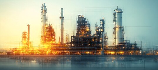 Obraz premium Ilustracja architektury fasady w stylu fabrycznym przedstawiająca zrównoważoną architekturę, delikatny szkic planowania pod blaskiem wschodu słońca