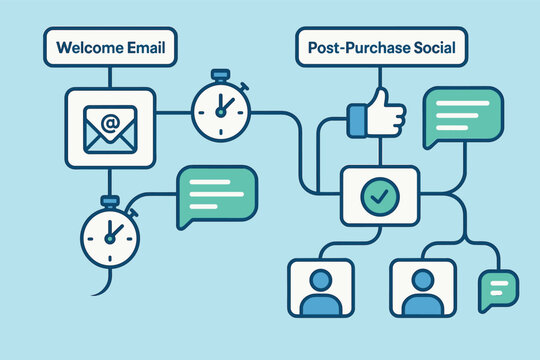 Vector illustration of welcome email and post-purchase social sequence with automation paths, delay timers, and personalized message bubbles