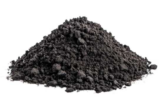 A mound of dark granular material against a black background creating a simple still life image composition