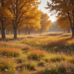 Fototapeta premium Sunlit field of late blooming wildflowers, blurred background of amber colored trees, yellow, sunlit, photography