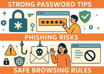 Vector illustration of cybersecurity awareness campaign with banners for strong password tips, phishing risks, and safe browsing rules