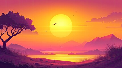 Fototapeta premium Golden Sunset Over Tranquil Lake With Silhouette Tree And Birds, Vector Illustration.