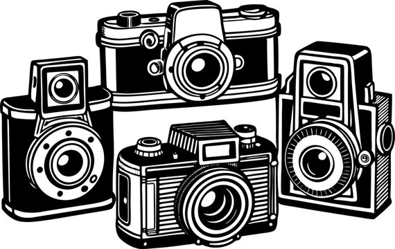 A black and white illustration showcases a collection of four vintage cameras with different styles and lenses.