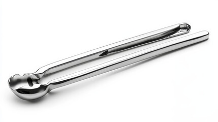 Silver kitchen tongs being held up for serving or cooking, isolated on white