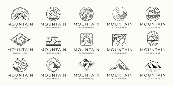 Set of mountain logo. geometry line, mono line mountain concept. Vector illustration