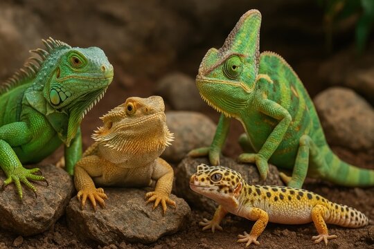 Colorful reptiles on rocks