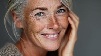 Beautiful older woman with flawless skin, looking at the camera with a bright smile, showcasing her love for skincare and natural beauty