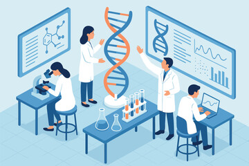 Vector illustration in isometric style of science lab with researchers, microscopes, DNA models, and scientific data analysis