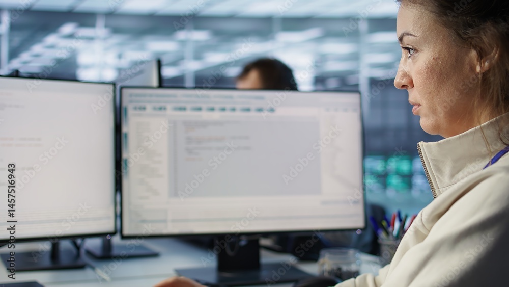 Poster smiling it engineer in data center using pc to find misconfigurations affecting rackmounts. cheerful