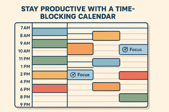Stay productive with a time-blocking calendar — Vector illustration of hourly planner, colored task blocks, and focus session indicators