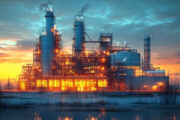 Fototapeta premium Sunsetlit industrial highrise architecture illustration featuring passivehouse schematic warm glow