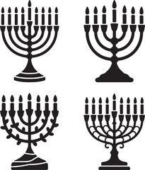 Vintage menorah with candles silhouette set vector illustration isolated On Transparent Background