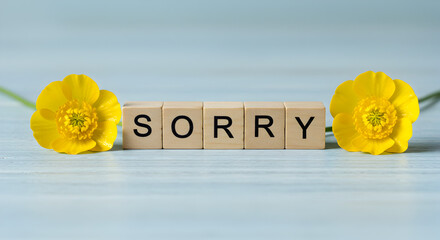 Heartfelt Apology with Bright Yellow Flowers and Wooden Sorry Blocks on Light Blue Wooden Surface
