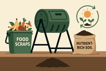 Vector illustration of home composting setup with food scraps bin, compost tumbler, nutrient soil, and growth cycle