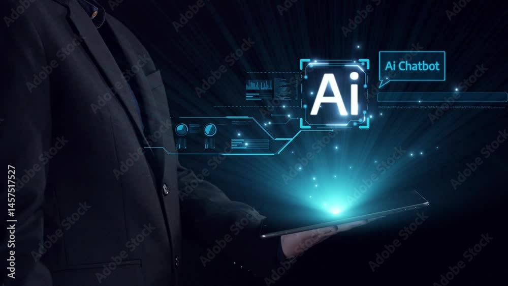 Poster human interact with ai artificial intelligence virtual assistant chatbot in concept of ai artificial