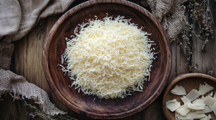 Wooden plate topped with shredded cheese, styled for a food menu top-view presentation