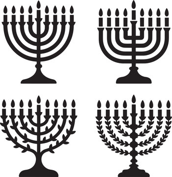 Vintage menorah with candles silhouette set vector illustration isolated On Transparent Background