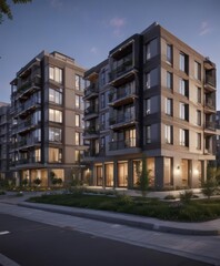 Modern apartment complex, daytime to nighttime,  steel,  urban