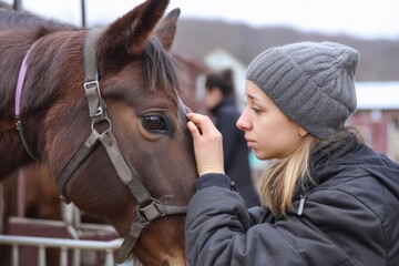 Obraz premium A young woman tenderly interacts with a horse, creating a connection of trust and care.
