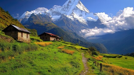 Obraz premium Serene Mountain Landscape With Traditional Stone Houses And Vibrant Wildflowers.
