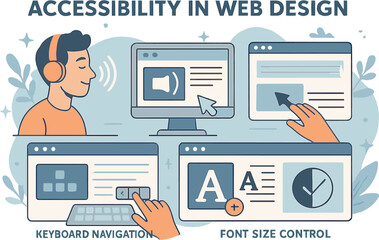 Vector illustration of accessibility in web design with screen reader, keyboard navigation, font size control, and contrast checker tools