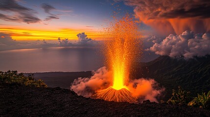 Fototapeta premium Volcanic eruption at sunset over ocean