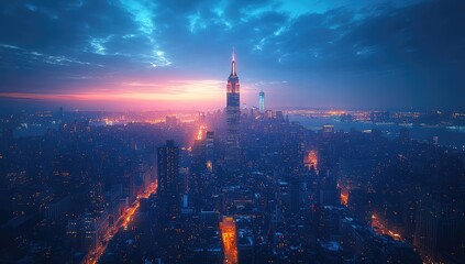 Fototapeta premium Manhattan sunset cityscape, aerial view, twilight glow