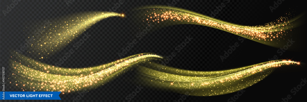Leinwandbilder light effect trails, golden glitter glow waves and sparkling flare tails. abstract vector fire light