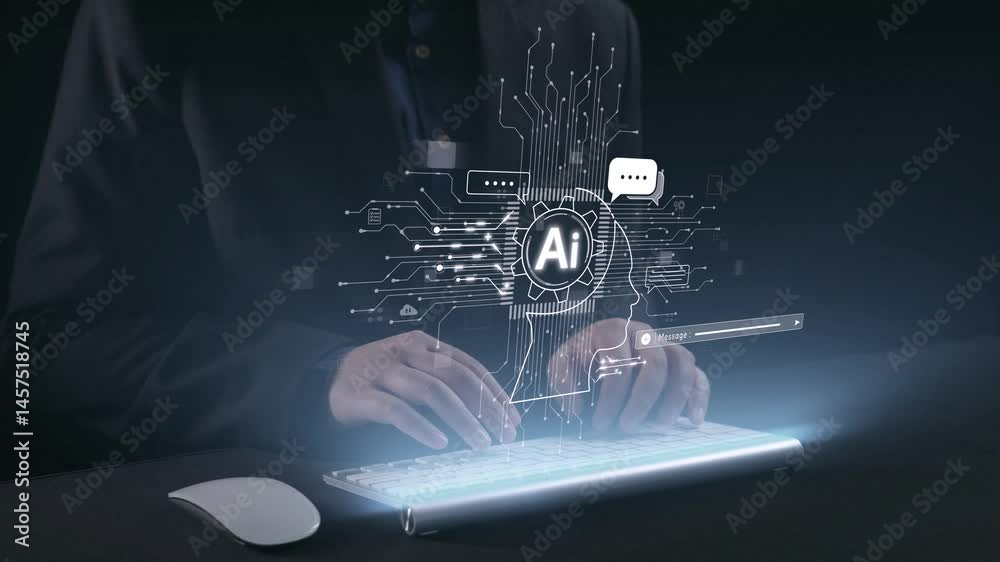 Poster human interact with ai artificial intelligence brain processor in concept of ai artificial intellige