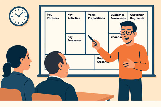 Vector illustration of pitch presentation scene with startup founder at whiteboard showing business model canvas, investor faces in front