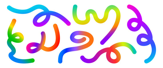 Shape color gradient, abstract wave line, fluid 3d element, curve ribbon rainbow color, spiral dynamic kid doodle, colorful neon gradation fun set isolated on white bg. Bright vector illustration