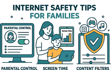 Vector illustration of internet safety tips for families including parental control interface, screen time chart, and content filters