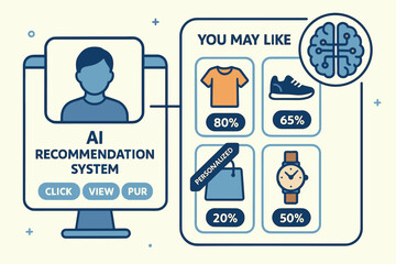 Vector illustration of AI recommendation system in e-commerce with personalized product suggestions, user behavior tags, and confidence scores