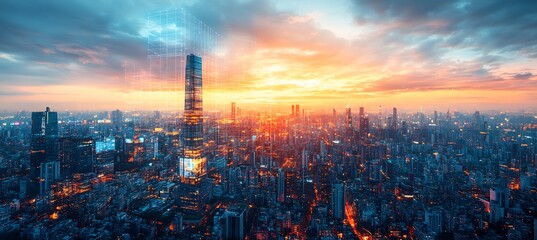 Fototapeta premium Metropolitan tower highrise architecture illustration featuring integratedhome plan under nocturnal skyline