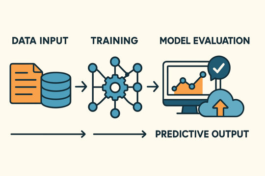 Vector illustration of machine learning pipeline including data input, training, model evaluation, and predictive output