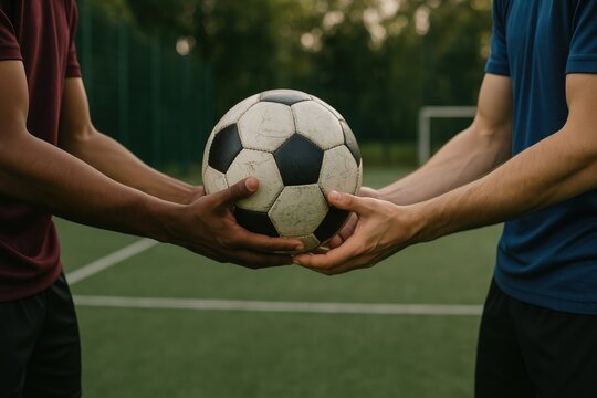 Hands holding soccer ball outdoors.