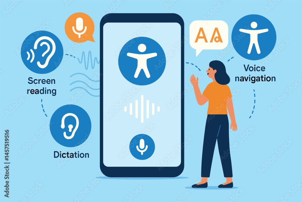 Wall mural vector illustration of digital assistant supporting accessibility with voice navigation, screen read