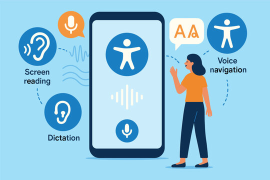 Vector illustration of digital assistant supporting accessibility with voice navigation, screen reading, and dictation controls
