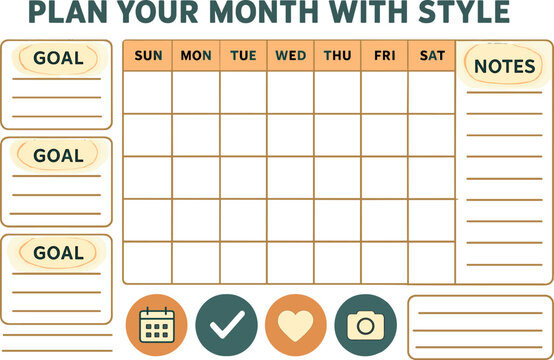 Plan your month with style — Vector illustration of monthly overview, goal sections, event icons, and notes margin