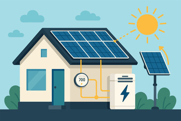 Vector illustration of rooftop solar panel system on a modern house with battery storage, smart meter, and sun-tracking elements