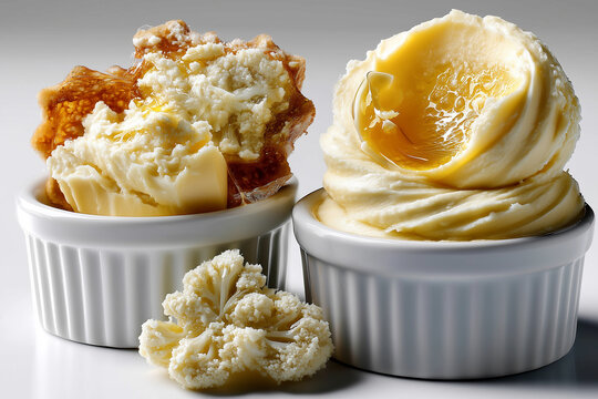 Cheese spread arranged in white ramekins with soft, smooth texture. Minimalist setting emphasizes clarity and freshness. Concept of gourmet food, culinary arts, catering