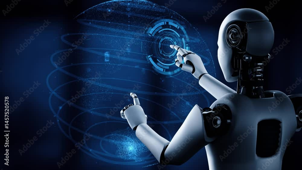 internet connection controlled by ai robot huminoid and machine learning process to analyze data con